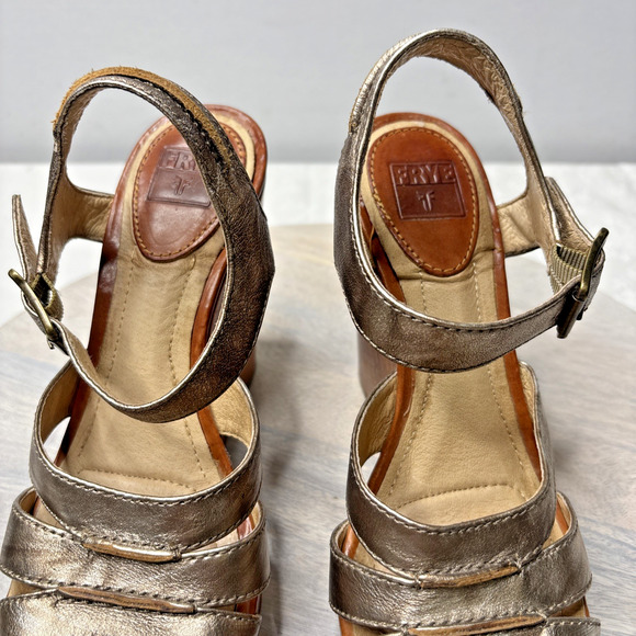 Frye Metallic Leather Wedge Sandals – Bronze Ankle Strap & Wood Platform 7 - Picture 8 of 11